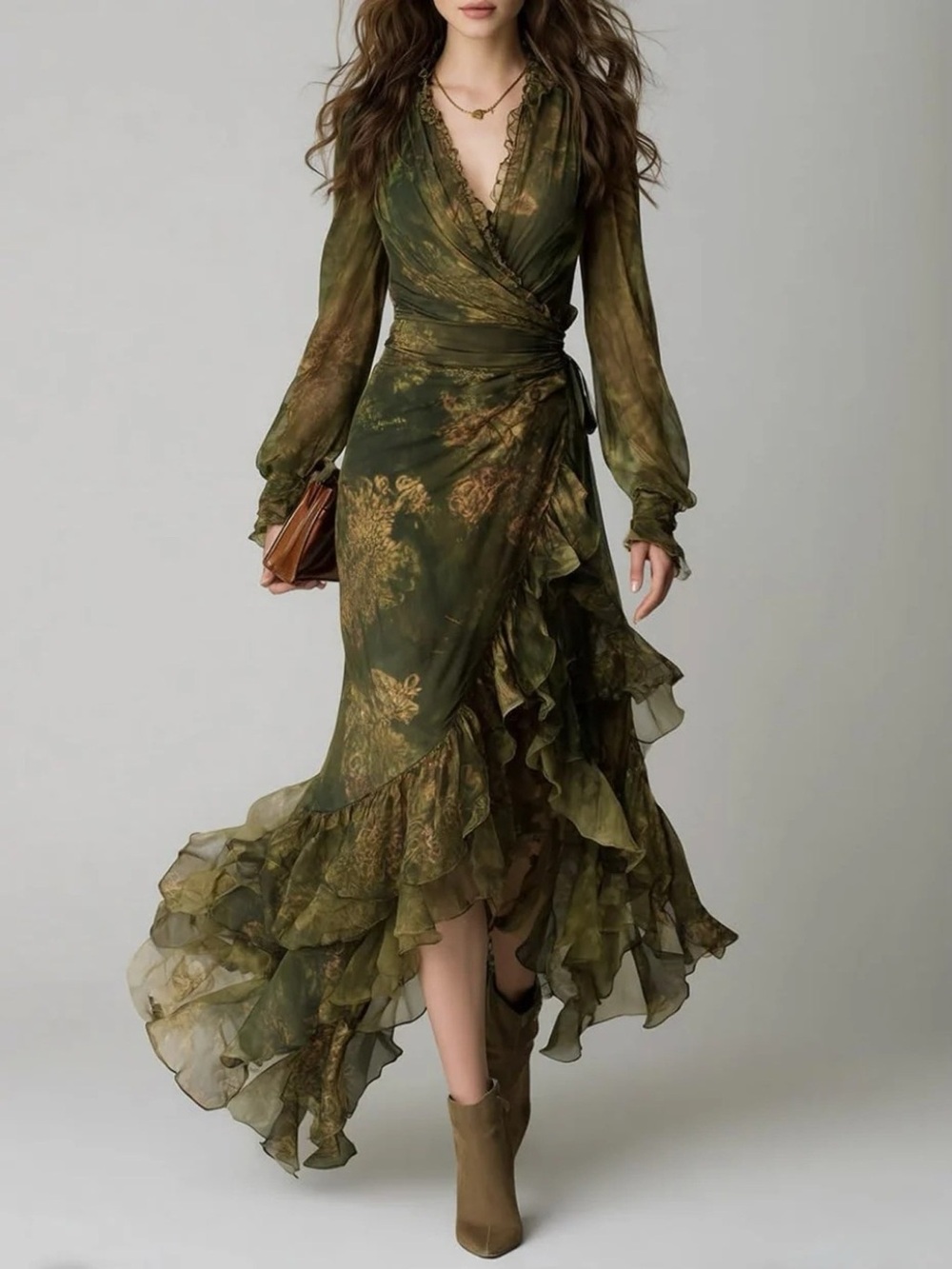 Floral Print Ruffle Hem Wrap Maxi Dress
